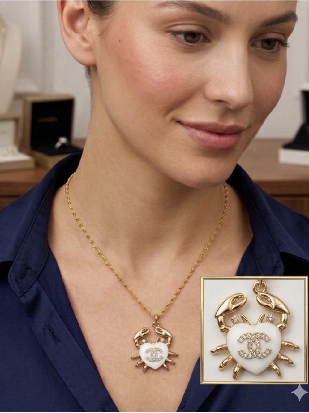 CHANEL EUC stamped  Gold & White 
Enamel pull placed on 18k gold plate 
18”chain